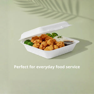 8" White Deep Clamshell Food Container, Sugarcane Bagasse, 210 x 200 x 78 mm (200pcs) - Suitable for Restaurants & Takeaway