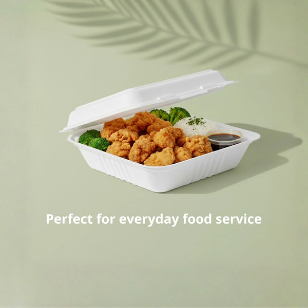 8" White Deep Clamshell Food Container, Sugarcane Bagasse, 210 x 200 x 78 mm (200pcs) - Suitable for Restaurants & Takeaway