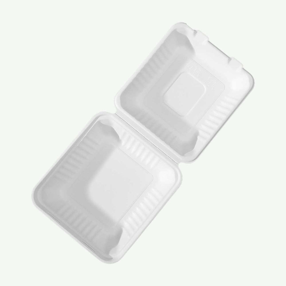 8" White Deep Clamshell Food Container, Sugarcane Bagasse, 210 x 200 x 78 mm (200pcs) - Suitable for Restaurants & Takeaway