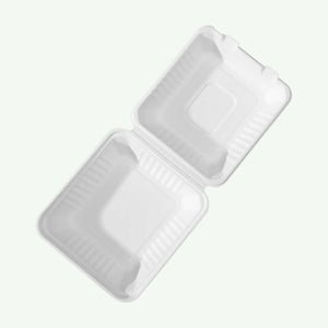 8" White Deep Clamshell Food Container, Sugarcane Bagasse, 210 x 200 x 78 mm (200pcs) - Suitable for Restaurants & Takeaway