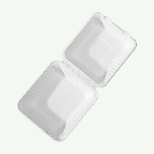 8" White Deep Clamshell Food Container, Sugarcane Bagasse, 210 x 200 x 78 mm (200pcs) - Suitable for Restaurants & Takeaway
