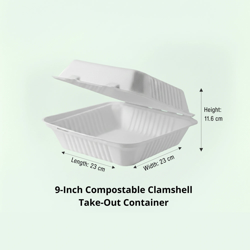 9" White Clamshell Food Container, Sugarcane Bagasse, 230 x 230 x 40/76 mm (200 pcs) - Suitable for Restaurants & Takeaway