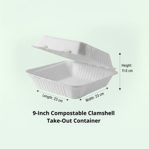 9" White Clamshell Food Container, Sugarcane Bagasse, 230 x 230 x 40/76 mm (200 pcs) - Suitable for Restaurants & Takeaway