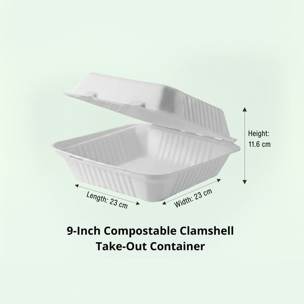 9" White Clamshell Food Container, Sugarcane Bagasse, 230 x 230 x 40/76 mm (200 pcs) - Suitable for Restaurants & Takeaway