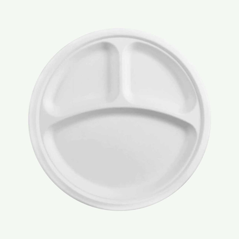 10" White 3-Compartment Round Plate, Sugarcane Bagasse, 260 x 20 mm (500 pcs) - Suitable for Restaurants & Catering