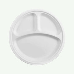 10" White 3-Compartment Round Plate, Sugarcane Bagasse, 260 x 20 mm (500 pcs) - Suitable for Restaurants & Catering