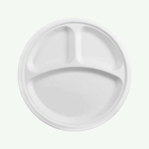 10" White 3-Compartment Round Plate, Sugarcane Bagasse, 260 x 20 mm (500 pcs) - Suitable for Restaurants & Catering