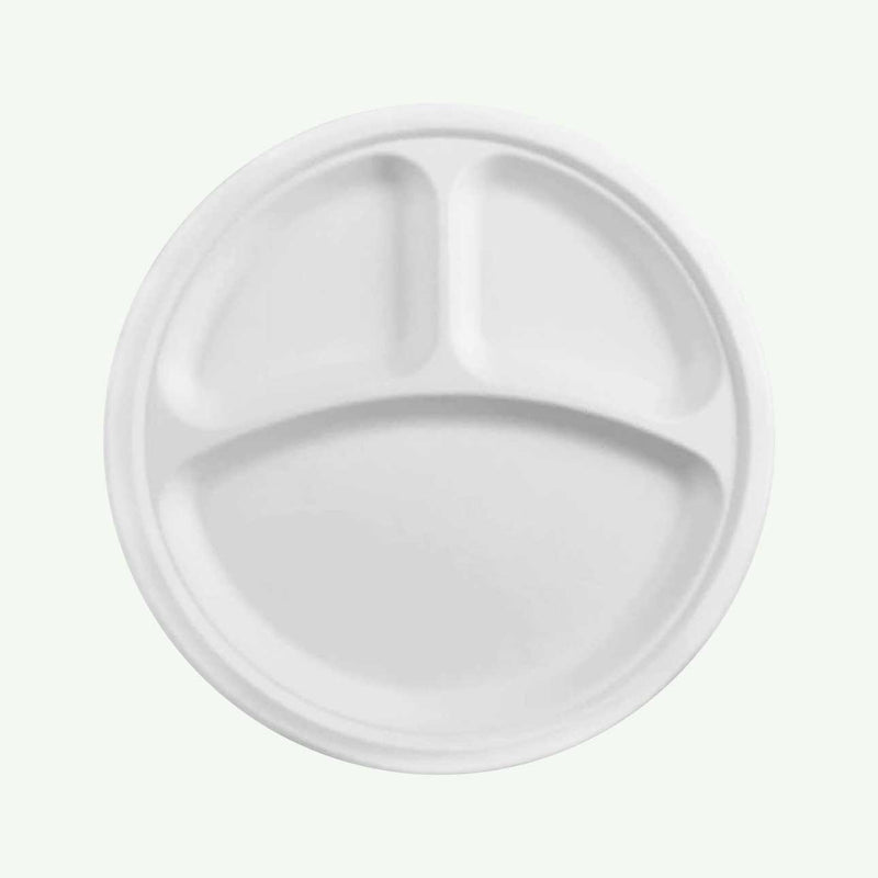 10-inch White 3-Compartment Sugarcane Round Plate, 260 x 20 mm (500 pcs) - Suitable for Restaurants & Catering