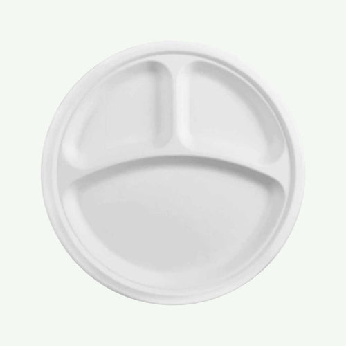 9" White 3-Compartment Round Plate, Sugarcane Bagasse, 225 x 17 mm (500 pcs) - Suitable for Restaurants & Catering