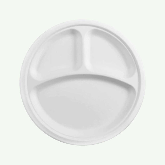 9" White 3-Compartment Round Plate, Sugarcane Bagasse, 225 x 17 mm (500 pcs) - Suitable for Restaurants & Catering