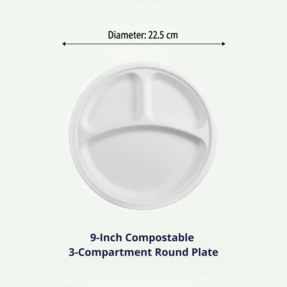 9" White 3-Compartment Round Plate, Sugarcane Bagasse, 225 x 17 mm (500 pcs) - Suitable for Restaurants & Catering