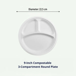 9" White 3-Compartment Round Plate, Sugarcane Bagasse, 225 x 17 mm (500 pcs) - Suitable for Restaurants & Catering
