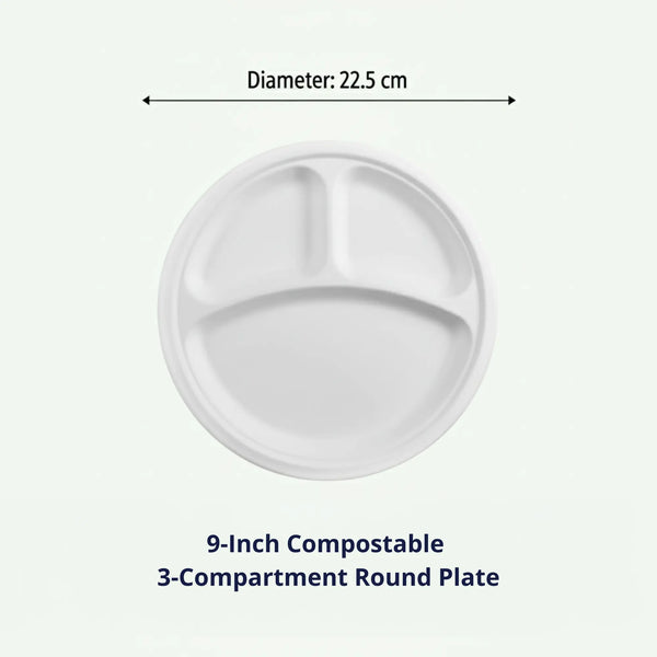 9" White 3-Compartment Round Plate, Sugarcane Bagasse, 225 x 17 mm (500 pcs) - Suitable for Restaurants & Catering