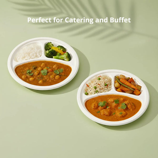 9" White 3-Compartment Round Plate, Sugarcane Bagasse, 225 x 17 mm (500 pcs) - Suitable for Restaurants & Catering