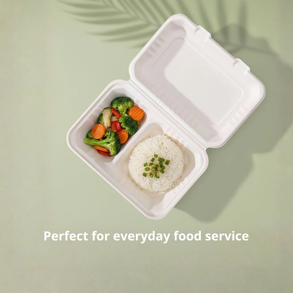 9 x 6" White 2-Compartment Food Container, Sugarcane Bagasse, 230 x 155 x 40/76 mm (500 pcs) - Suitable for Restaurants & Takeaway