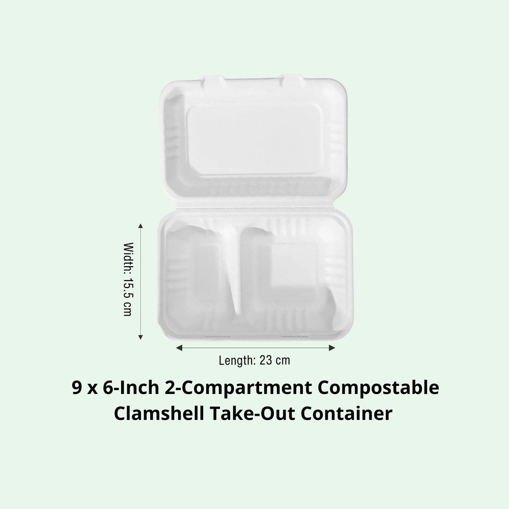 9 x 6" White 2-Compartment Food Container, Sugarcane Bagasse, 230 x 155 x 40/76 mm (500 pcs) - Suitable for Restaurants & Takeaway