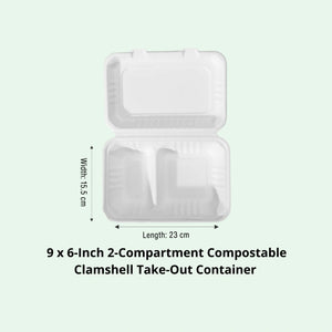 9 x 6" White 2-Compartment Food Container, Sugarcane Bagasse, 230 x 155 x 40/76 mm (500 pcs) - Suitable for Restaurants & Takeaway