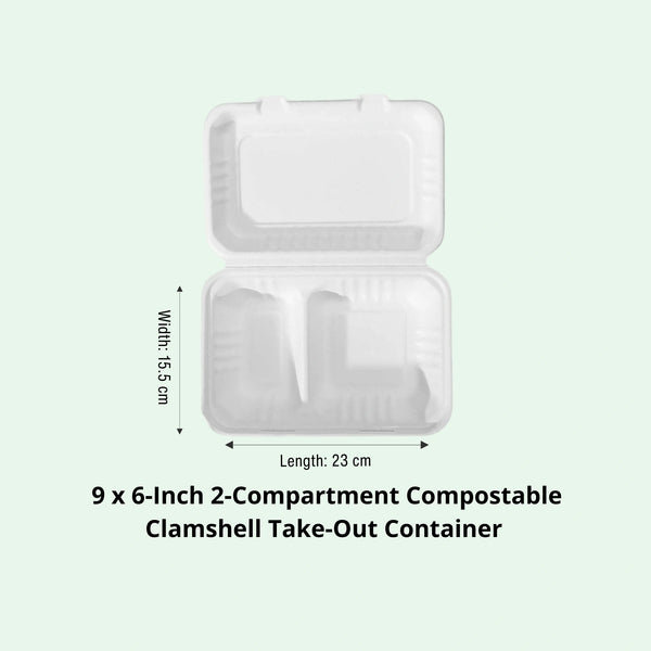 9 x 6" White 2-Compartment Food Container, Sugarcane Bagasse, 230 x 155 x 40/76 mm (500 pcs) - Suitable for Restaurants & Takeaway