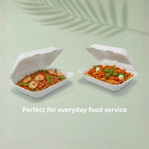 9 x 6" White Clamshell Food Container, Sugarcane Bagasse, 230 x 155 x 40/76 mm (250 pcs) - Suitable for Restaurants & Takeaway