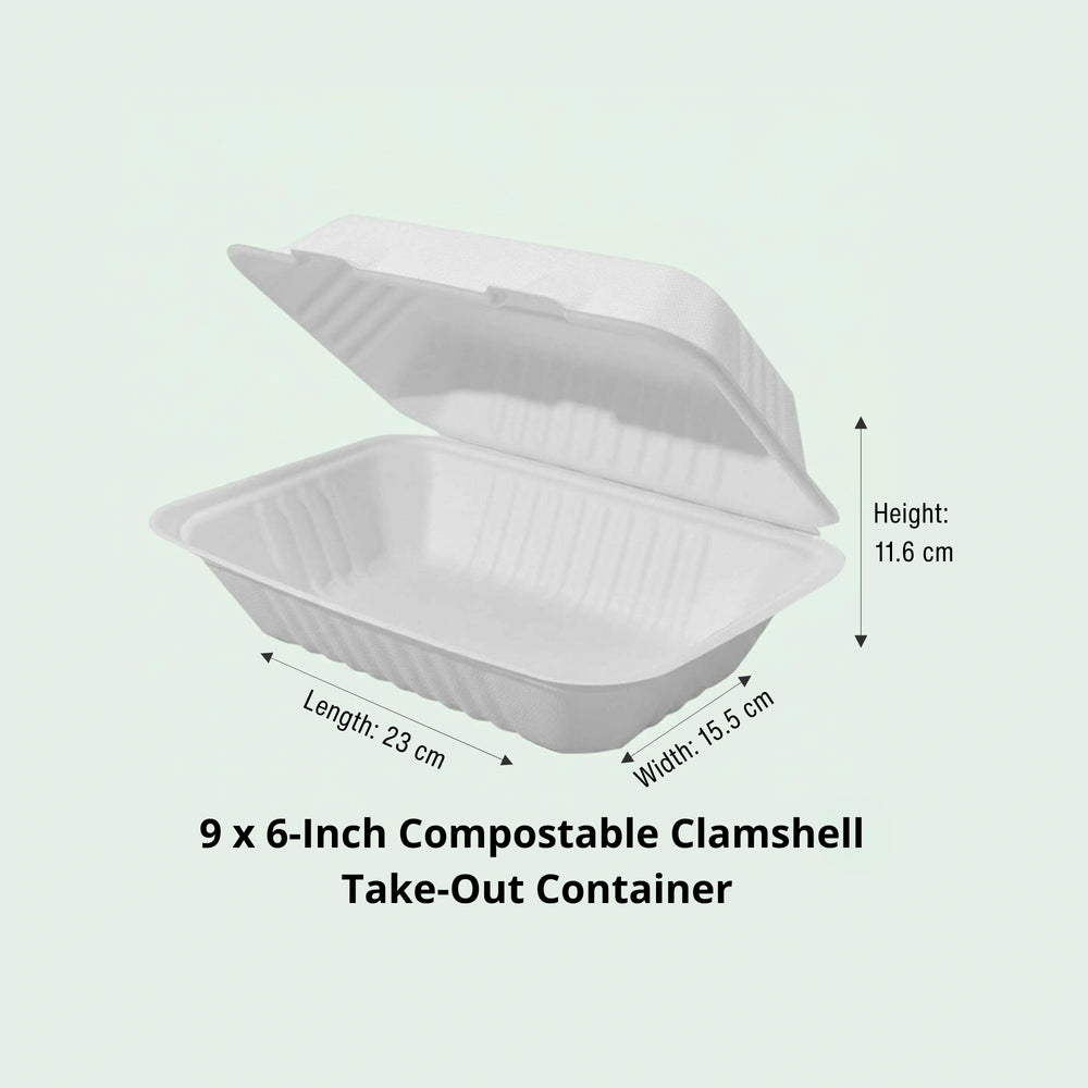 9 x 6" White Clamshell Food Container, Sugarcane Bagasse, 230 x 155 x 40/76 mm (250 pcs) - Suitable for Restaurants & Takeaway