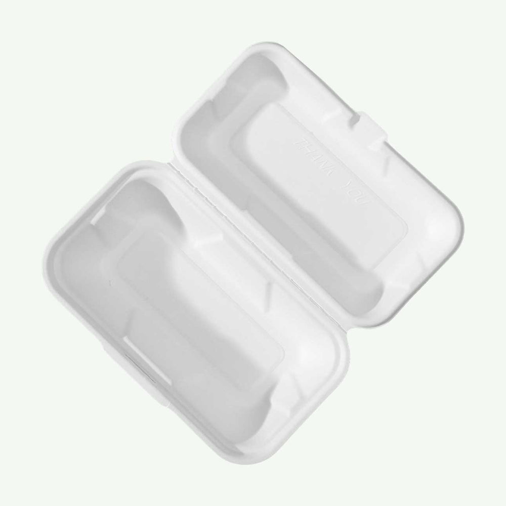 9 x 5" White Clamshell Food Container, Sugarcane Bagasse, 220 x 130 x 45/70 mm (200 pcs) - Suitable for Restaurants & Takeaway