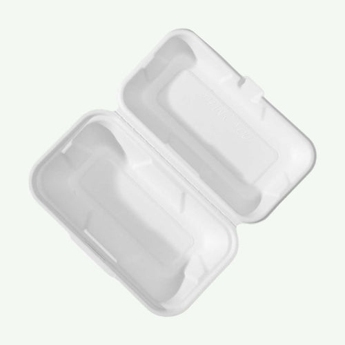 9 x 5" White Clamshell Food Container, Sugarcane Bagasse, 220 x 130 x 45/70 mm (200 pcs) - Suitable for Restaurants & Takeaway