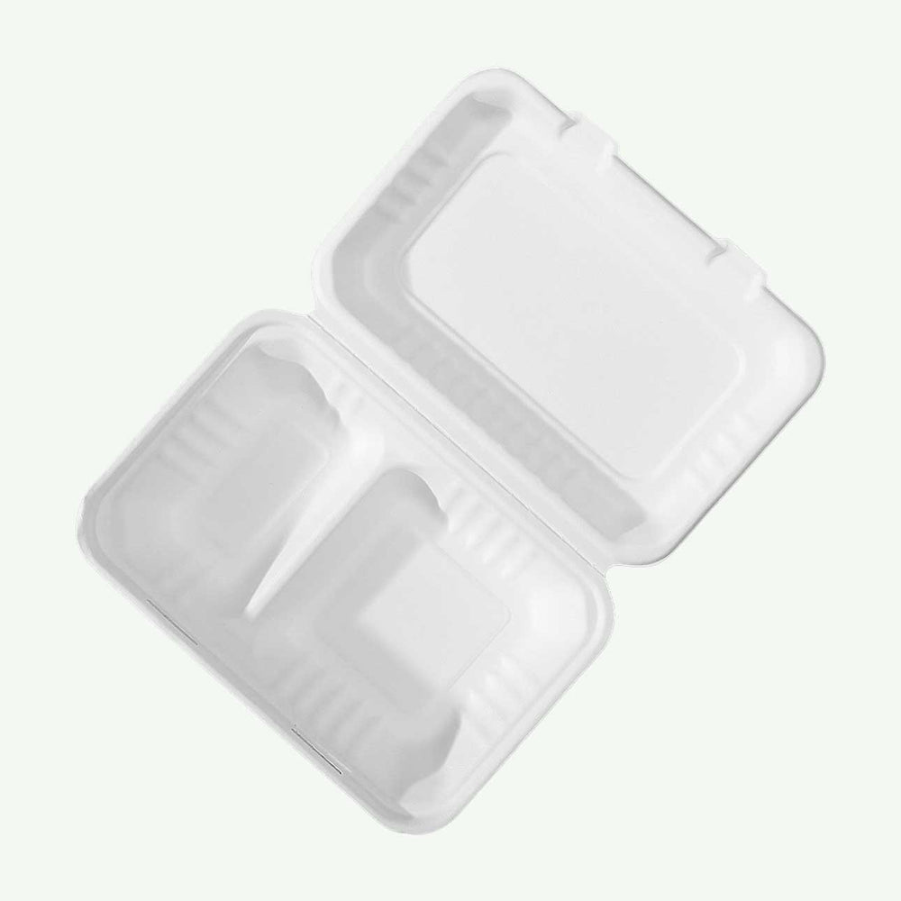 9 x 6" White 2-Compartment Food Container, Sugarcane Bagasse, 230 x 155 x 40/76 mm (500 pcs) - Suitable for Restaurants & Takeaway