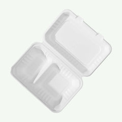 9 x 6" White 2-Compartment Food Container, Sugarcane Bagasse, 230 x 155 x 40/76 mm (500 pcs) - Suitable for Restaurants & Takeaway
