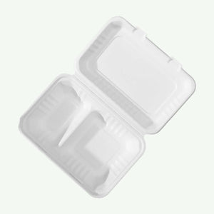 9 x 6" White 2-Compartment Food Container, Sugarcane Bagasse, 230 x 155 x 40/76 mm (500 pcs) - Suitable for Restaurants & Takeaway