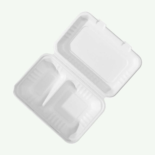 9 x 6" White 2-Compartment Food Container, Sugarcane Bagasse, 230 x 155 x 40/76 mm (500 pcs) - Suitable for Restaurants & Takeaway
