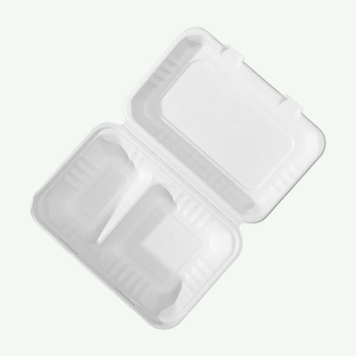 9 x 6" White 2-Compartment Food Container, Sugarcane Bagasse, 230 x 155 x 40/76 mm (500 pcs) - Suitable for Restaurants & Takeaway