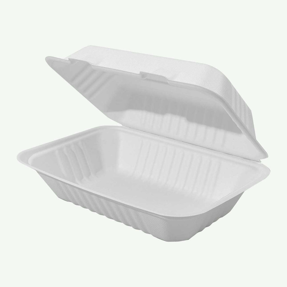 9 x 6" White Clamshell Food Container, Sugarcane Bagasse, 230 x 155 x 40/76 mm (250 pcs) - Suitable for Restaurants & Takeaway