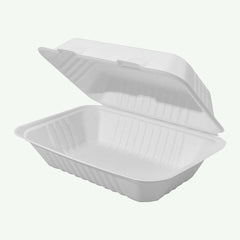 9 x 6" White Clamshell Food Container, Sugarcane Bagasse, 230 x 155 x 40/76 mm (250 pcs) - Suitable for Restaurants & Takeaway