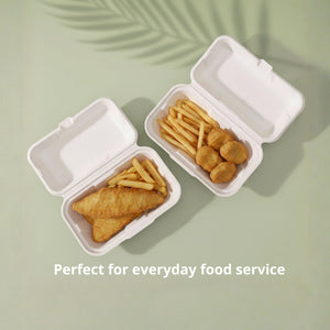9 x 5" White Clamshell Food Container, Sugarcane Bagasse, 220 x 130 x 45/70 mm (200 pcs) - Suitable for Restaurants & Takeaway