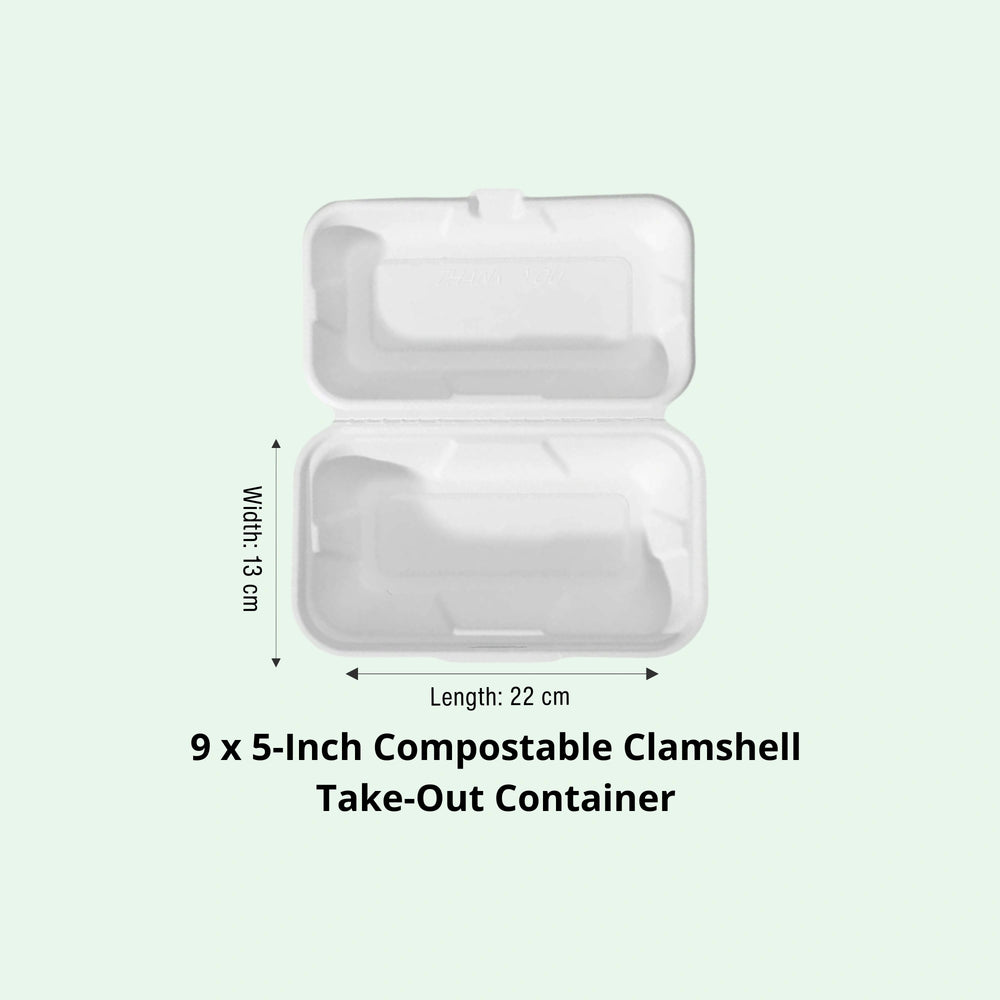 9 x 5" White Clamshell Food Container, Sugarcane Bagasse, 220 x 130 x 45/70 mm (200 pcs) - Suitable for Restaurants & Takeaway