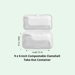 9 x 5" White Clamshell Food Container, Sugarcane Bagasse, 220 x 130 x 45/70 mm (200 pcs) - Suitable for Restaurants & Takeaway