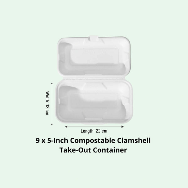 9 x 5" White Clamshell Food Container, Sugarcane Bagasse, 220 x 130 x 45/70 mm (200 pcs) - Suitable for Restaurants & Takeaway