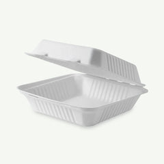 9" White Clamshell Food Container, Sugarcane Bagasse, 230 x 230 x 40/76 mm (200 pcs) - Suitable for Restaurants & Takeaway