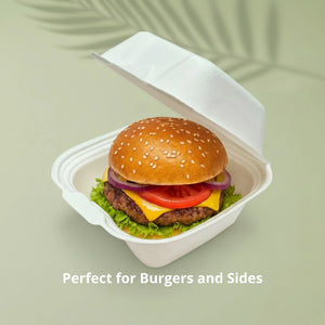 5" White Burger Box, Sugarcane Bagasse Takeaway Clamshell, 127.4 x 127.4 x 45.4/75 mm (500 pcs) - Suitable for Restaurants & Food Trucks