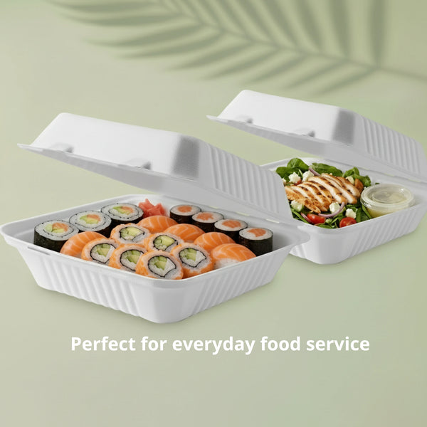 9" White Clamshell Food Container, Sugarcane Bagasse, 230 x 230 x 40/76 mm (200 pcs) - Suitable for Restaurants & Takeaway