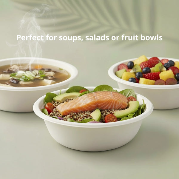 40oz (1200 ml) Natural Large Takeaway Round Bowl, Sugarcane Bagasse, 205 x 71 mm (500 pcs) - Suitable for Restaurants & Catering