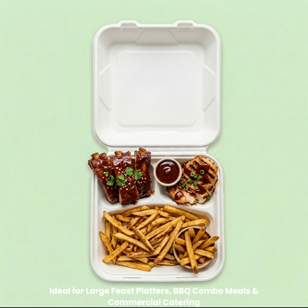 10" Natural Bagasse 3-Compartment Clamshell Box, 250 x 240 x 82 mm (200 pcs) – Ideal for Large Feast Platters, BBQ Combo Meals & Commercial Catering