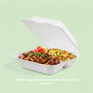 9" White Bagasse 3-Compartment Clamshell Box, 230 x 230 x 76 mm (200 pcs) – Ideal for Large Combo Meals, Heavy Takeaway & Catering