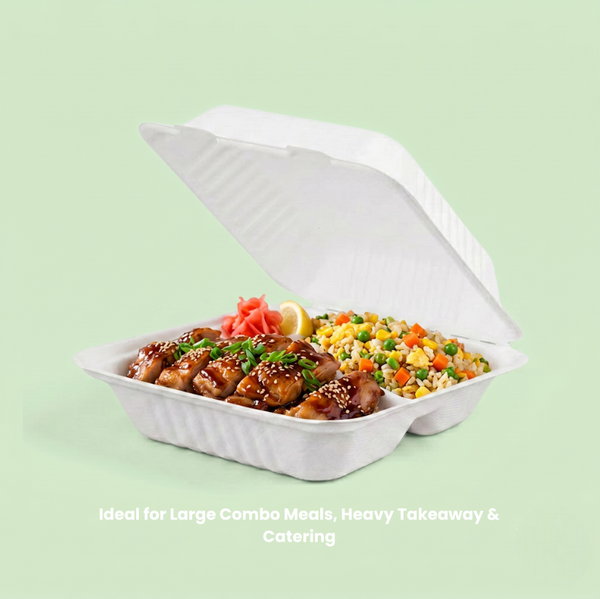9" White Bagasse 3-Compartment Clamshell Box, 230 x 230 x 76 mm (200 pcs) – Ideal for Large Combo Meals, Heavy Takeaway & Catering