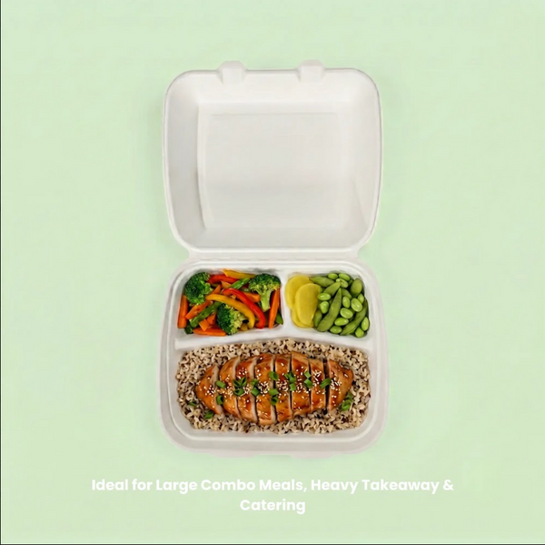 8" White Bagasse Deeper 3-Compartment Clamshell Box, 210 x 200 x 78 mm (200 pcs) – Ideal for Large Combo Meals, Heavy Takeaway & Catering