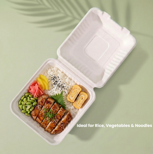 8" White Bagasse 1-Compartment Clamshell Box, 210 x 200 x 63 mm (200 pcs) – Ideal for Rice, Vegetables & Noodles