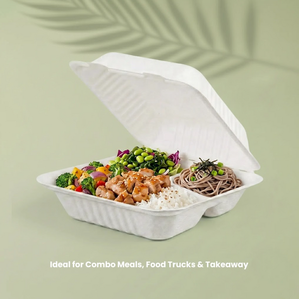 8" Natural Bagasse 3-Compartment Clamshell Box, 210 x 200 x 63 mm (200 pcs) – Ideal for Combo Meals, Food Trucks & Takeaway