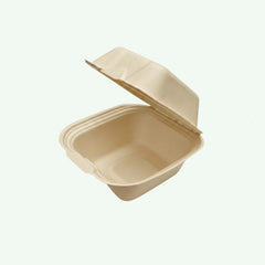 5" Natural Burger Box, Sugarcane Bagasse Takeaway Clamshell, 127.4 x 127.4 x 45.4/75 mm (500 pcs) - Suitable for Restaurants & Food Trucks