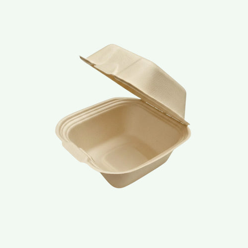5" Natural Burger Box, Sugarcane Bagasse Takeaway Clamshell, 127.4 x 127.4 x 45.4/75 mm (500 pcs) - Suitable for Restaurants & Food Trucks