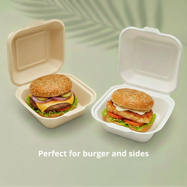 5" Natural Burger Box, Sugarcane Bagasse Takeaway Clamshell, 127.4 x 127.4 x 45.4/75 mm (500 pcs) - Suitable for Restaurants & Food Trucks